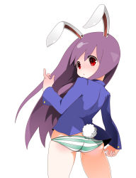 Rule 34 | 1girl, anhiru, animal ears, ass, bad id, bad pixiv id, blazer, bottomless, female focus, highres, jacket, long hair, looking back, no pants, panties, rabbit ears, rabbit girl, rabbit tail, red eyes, reisen udongein inaba, simple background, solo, striped clothes, striped panties, tail, touhou, underwear, white background
