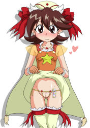 Rule 34 | 00s, 1990s (style), 1girl, :3, bakuten shoot beyblade, beyblade, breasts, cape, condom, condom packet strip, condom wrapper, dress, female focus, looking at viewer, pussy, short hair, skirt, small breasts, smile, solo, sweat, tachibana hiromi, underwear