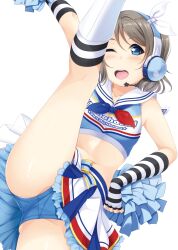 Rule 34 | 1girl, :d, arm up, ascot, black gloves, blue ascot, blue eyes, blue panties, blue shirt, blush, cheerleader, clothes writing, commentary, cropped shirt, fingerless gloves, gloves, hair ribbon, headphones, high kick, highres, hino minato (spec.c), holding, holding pom poms, kicking, kneehighs, leg lift, light brown hair, looking at viewer, love live!, love live! school idol festival, love live! sunshine!!, medium hair, midriff, miniskirt, mouthpiece, one eye closed, open mouth, panties, pleated skirt, pom pom (cheerleading), pom poms, ribbon, sailor collar, shirt, simple background, skirt, sleeveless, sleeveless shirt, smile, socks, solo, striped clothes, striped gloves, striped socks, takaramonozu, tareme, teeth, thighs, tongue, two-tone ascot, underwear, upper teeth only, watanabe you, white background, white footwear, white ribbon, white sailor collar, white skirt