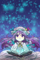 Rule 34 | 1girl, absurdres, blue background, book, calligraphy, character name, crescent, crescent pin, cursive, english text, glowing, gradient background, highres, light particles, long hair, looking up, magic, nokisakifuurin, open book, patchouli knowledge, purple eyes, purple hair, sketch, solo, touhou, upper body, very long hair, yellow neckwear