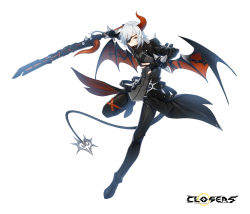 Rule 34 | 1boy, armor, bat wings, black armor, closers, demon, demon boy, demon horn, demon tail, floating, full body, highres, holding, holding sword, holding weapon, horn, levitation, male focus, official art, red eyes, seha lee, solo, sword, tail, weapon, white hair, wings
