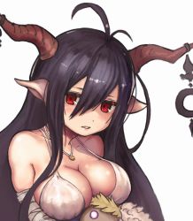 Rule 34 | 10s, 1girl, antenna hair, bad id, bad twitter id, bandaged arm, bandages, bare shoulders, blush, breasts, cleavage, crescent, danua, draph, dress, gloves, granblue fantasy, hair between eyes, harada isuka, horn ornament, horns, jewelry, large breasts, long hair, looking at viewer, necklace, parted lips, pointy ears, purple hair, red eyes, solo, stuffed toy, white dress, white gloves