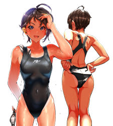 Rule 34 | 1girl, adjusting clothes, adjusting swimsuit, ahoge, ass, back cutout, black hair, black one-piece swimsuit, blue eyes, blue one-piece swimsuit, clothing cutout, competition swimsuit, covered navel, cowboy shot, goggles, unworn goggles, hand in own hair, highleg, highleg swimsuit, highres, holding, holding goggles, kilesha, logo, looking at viewer, mole, mole under eye, multiple views, one-piece swimsuit, original, short hair, simple background, smile, standing, swept bangs, swim cap, unworn swim cap, swimsuit, tan, tanline, water drop, wet, wet hair, white background