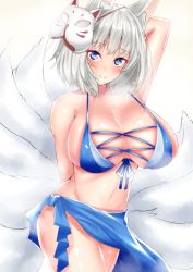 Rule 34 | 1girl, animal ears, arm behind back, arm up, azur lane, bare shoulders, bikini, blue bikini, blue eyes, breasts, cleavage, cross-laced clothes, fox ears, fox mask, fox tail, front-tie bikini top, front-tie top, heavy breathing, highres, hip focus, huge breasts, kaga (azur lane), kaga (everlasting killing stone) (azur lane), mask, multiple tails, navel, sankakusui, sarong, shiny skin, short hair, simple background, smile, solo, steaming body, sweat, swimsuit, tail, thighs, white background, white hair