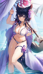 Rule 34 | absurdres, animal ears, bikini, black hair, blue archive, breasts, cleavage, dripping, highres, large breasts, looking at viewer, navel, purple eyes, r1zen, robe, smile, swimsuit, tail, thick thighs, thigh strap, thighs, umbrella, wakamo (blue archive), wet