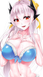 Rule 34 | 1girl, :s, bare shoulders, bikini, blue bikini, blue bow, blush, bow, breasts, cleavage, collarbone, eyelashes, fate/grand order, fate (series), frilled bikini, frills, front-tie bikini top, front-tie top, hair bow, hands on own chest, horns, index finger raised, kiyohime (fate), kiyohime (swimsuit lancer) (third ascension) (fate), large breasts, long hair, looking at viewer, navel, sasakuma kyouta, shiny clothes, silver hair, simple background, solo, stomach, straight hair, sweat, swimsuit, upper body, white background, yellow bow