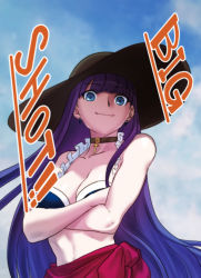 Rule 34 | 1girl, aoba (smartbeat), bare shoulders, bikini, bikini top only, black hat, blue bikini, blue eyes, blue sky, blunt bangs, blush, breasts, choker, cleavage, closed mouth, cross, cross choker, crossed arms, day, earrings, fate/grand order, fate (series), frills, hat, jewelry, large breasts, latin cross, long hair, looking at viewer, martha (fate), martha (swimsuit ruler) (fate), martha (swimsuit ruler) (first ascension) (fate), purple hair, sarong, sky, smile, solo, straight hair, sun hat, swimsuit