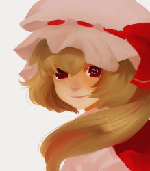 Rule 34 | 1girl, alice0hatter, blonde hair, blouse, closed mouth, female focus, flandre scarlet, grey background, hair between eyes, hat, heart, heart-shaped pupils, long hair, looking at viewer, mob cap, nose, red eyes, shirt, simple background, solo, symbol-shaped pupils, touhou, white shirt