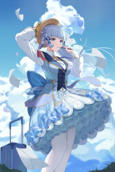 Rule 34 | 1girl, arm up, ayaka (genshin impact), back bow, blue dress, blue eyes, blue hair, blue sky, blunt bangs, blunt tresses, bow, braid, breasts, brown hat, butterfly hair ornament, cloud, day, dress, floating hair, flower, flying paper, frilled dress, frills, genshin impact, gold trim, hair flower, hair ornament, hand up, hat, highres, holding, holding pen, i ruru, kamisato ayaka, kamisato ayaka (springbloom missive), layered dress, light blue hair, long sleeves, looking at viewer, medium breasts, multicolored clothes, multicolored dress, nib pen (object), official alternate costume, outdoors, pantyhose, paper, parted lips, pen, puffy long sleeves, puffy sleeves, sky, solo, standing, suitcase, white flower, white pantyhose, wind