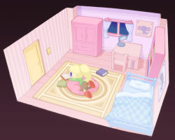 Rule 34 | 1girl, bed, bed sheet, bedroom, blonde hair, blue eyes, book, bookshelf, carpet, chair, chibi, closet, curtains, desk, door, interior, isometric, lamp, light switch, lying, open book, pillow, pink theme, poniko, ponytail, poster (medium), poster (object), reading, room, roomscape, skirt, solo, turtleneck, window, yamori 511, yume nikki