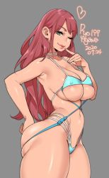Rule 34 | 1girl, 2020, agawa ryou, armpits, artist name, ass, bikini, blue bikini, commentary, dated, green eyes, grey background, hand on own ass, heart, lips, long hair, one eye closed, original, pink hair, signature, simple background, skindentation, smile, solo, swimsuit, thick thighs, thighs, white bikini