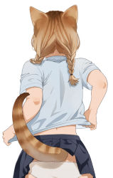 Rule 34 | 1girl, animal ears, blonde hair, braid, brown hair, cat ears, cat girl, cat tail, clothes lift, facing away, lifted by self, lifted by tail, mattaku mousuke, original, panties, shirt hold, skirt, skirt lift, solo, tail, twin braids, underwear, watermark, white background, white panties