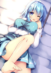 Rule 34 | 1girl, :d, barefoot, blue eyes, blue hair, blue shirt, blue skirt, blush, breasts, commentary request, large breasts, looking at viewer, lying, on back, one eye closed, open mouth, ryokushiki (midori-ya), shirt, short hair, skirt, smile, solo, tatara kogasa, toes, touhou, white sleeves