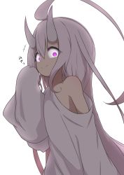Rule 34 | +++, 1girl, absurdres, ahoge, closed mouth, commentary request, hair between eyes, hand up, highres, horns, idaten93, long hair, long sleeves, looking at viewer, off shoulder, original, oversized clothes, oversized shirt, purple eyes, purple hair, ruua (idaten93), shirt, simple background, sleeves past fingers, sleeves past wrists, smile, solo, translation request, very long hair, white background, white shirt, wide-eyed