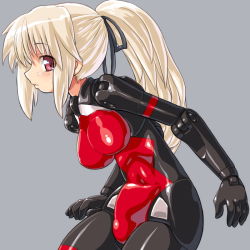 Rule 34 | 10s, 1girl, alternate costume, arnval, bad id, bad pixiv id, breasts, brown hair, busou shinki, dd (ijigendd), doll joints, artistic error, female focus, joints, long hair, mecha musume, mini person, minigirl, navel, ponytail, red eyes, simple background, solo