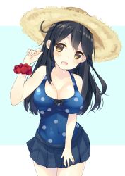 Rule 34 | 10s, 1girl, ahoge, bekotarou, black hair, blush, breasts, brown eyes, cowboy shot, hat, highres, kantai collection, large breasts, long hair, looking at viewer, polka dot, polka dot swimsuit, scrunchie, simple background, skirt, solo, straw hat, swimsuit, ushio (kancolle), wrist scrunchie