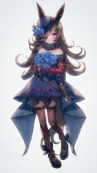 Rule 34 | 1girl, animal ears, bare shoulders, black footwear, black hair, blue dress, blue flower, blue hat, blue rose, bouquet, bow, brown pantyhose, commentary, dagger, dress, dress bow, flower, full body, fur collar, hair over one eye, hanato (seonoaiko), hat, hat flower, highres, holding, holding bouquet, horse ears, horse girl, knife, long hair, looking at viewer, off-shoulder dress, off shoulder, pantyhose, purple eyes, rice shower (umamusume), rose, scabbard, sheath, sheathed, short dress, simple background, smile, solo, symbol-only commentary, thighhighs, tilted headwear, umamusume, weapon, white background
