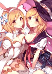 Rule 34 | 2girls, :d, animal ears, arm support, bad id, bad pixiv id, between legs, black hairband, black hat, blonde hair, blush, breast press, breasts, brown eyes, cape, cleavage, closed mouth, collarbone, djeeta (granblue fantasy), dual persona, fake animal ears, finger to mouth, frilled sleeves, frills, gloves, granblue fantasy, grey legwear, grin, hairband, hand up, hat, head tilt, heart, highres, homaderi, leotard, looking at viewer, medium breasts, miniskirt, multiple girls, open mouth, pleated skirt, puffy short sleeves, puffy sleeves, rabbit ears, red neckwear, sage (granblue fantasy), short hair, short sleeves, single thighhigh, skindentation, skirt, smile, symmetrical docking, teeth, thighhighs, thighs, warlock (granblue fantasy), white cape, white gloves, white hairband, white leotard, white skirt, witch hat