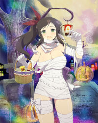 Rule 34 | 1girl, armpit crease, bandaged arm, bandaged chest, bandaged leg, bandages, bare tree, basket, blush, body blush, bow, breasts, brown hair, building, candy, candy wrapper, city lights, cleavage, covered navel, embarrassed, food, frilled ribbon, frills, full moon, grave, graveyard, green eyes, groin, hair bow, hair ribbon, halloween, halloween costume, happy halloween, holding, holding basket, jack-o&#039;-lantern, lace, large breasts, linea alba, lollipop, long hair, looking at viewer, moon, mummy, mummy costume, murakumo (senran kagura), naked bandage, night, night sky, official art, open mouth, pumpkin, purple bow, ribbon, senran kagura, senran kagura new wave, senran kagura shinovi versus, shiny skin, side ponytail, sidelocks, sky, solo, standing, swirl lollipop, thigh bow, tombstone, tree, white bow, white ribbon, window, wrapped candy, yaegashi nan