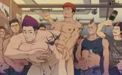 Rule 34 | 6+boys, abs, absurdres, alcohol, anal, bara, body hair, bottle, cigarette, clenched teeth, drooling, drunk, group sex, highres, male focus, male penetrated, masturbation, multicolored hair, multiple boys, muscular, nipples, nude, orgy, pectorals, saliva, sex, smoking, teeth, yaoi