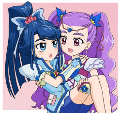 Rule 34 | 00s, 2girls, :d, arms around neck, blue eyes, blue hair, blue shorts, blush, carrying, couple, cure aqua, eye contact, long hair, looking at another, milk (precure 5), milk (yes! precure 5), milky rose, mimino kurumi, minazuki karen, multiple girls, nibatsume, open mouth, pink background, ponytail, precure, princess carry, purple eyes, purple hair, shorts, simple background, smile, two side up, wide ponytail, yes! precure 5, yes! precure 5 gogo!, yuri