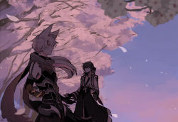 Rule 34 | 2boys, animal ears, arch bishop (ragnarok online), armor, black gloves, black shirt, blue sky, cherry blossoms, closed mouth, coat, commentary request, cowboy shot, cross, cross necklace, elbow gloves, fingerless gloves, fox ears, gloves, gradient sky, guillotine cross (ragnarok online), hairband, highres, jewelry, kusabi (aighe), long sleeves, looking to the side, male focus, multiple boys, necklace, open clothes, open coat, open mouth, outdoors, pants, pink sky, ragnarok online, red armor, red eyes, red scarf, scarf, shirt, short hair, signature, sky, sleeveless, sleeveless shirt, torn clothes, torn scarf, tree, white coat, white hair, white pants