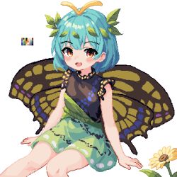 Rule 34 | 1girl, 999 (hansode), antennae, aqua hair, butterfly wings, dress, eternity larva, flower, green dress, insect wings, leaf, leaf on head, multicolored clothes, multicolored dress, open mouth, orange eyes, pixel art, short sleeves, simple background, sitting, touhou, white background, wings