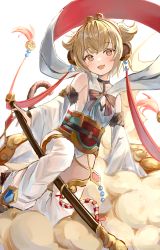 Rule 34 | 1girl, :3, absurdres, andira (granblue fantasy), animal ears, backless outfit, blonde hair, blush, breasts, cleavage, cleavage cutout, clothing cutout, cloud, detached sleeves, granblue fantasy, hagoromo, highres, holding, holding staff, looking at viewer, monkey ears, monkey girl, monkey tail, open mouth, orange eyes, shawl, shiro wa (shiroshironix), short hair, small breasts, staff, tail, thighhighs, white thighhighs