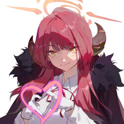 Rule 34 | 1girl, aru (blue archive), blue archive, blush, brown horns, closed mouth, coat, coat on shoulders, collared shirt, commentary request, fur-trimmed coat, fur trim, gloves, halo, heart, heart hands, highres, horns, looking at viewer, open clothes, open coat, pink hair, pink halo, purple coat, ren huozhe, shirt, simple background, smile, solo, upper body, white background, white gloves, white shirt, yellow eyes