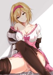 Rule 34 | 1girl, armor, ass, bare shoulders, blonde hair, boots, bow, breasts, brown eyes, brown footwear, censored, cleavage, collarbone, commentary request, cum, cuts, djeeta (granblue fantasy), dress, empty eyes, frilled dress, frills, granblue fantasy, hairband, head tilt, highres, injury, large breasts, looking to the side, mosaic censoring, no panties, off shoulder, parted lips, pink bow, pink hairband, shadow, short hair, simple background, sitting, solo, thigh boots, thighhighs, thighs, torn clothes, torn dress, underwear, watarase piro, white background