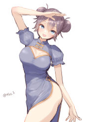 Rule 34 | 1girl, alternate costume, aoba (kancolle), blue eyes, breasts, china dress, chinese clothes, cleavage cutout, clothing cutout, double bun, dress, grey hair, hair between eyes, hair bun, highres, kantai collection, leaning to the side, medium breasts, one-hour drawing challenge, shading eyes, short hair, short sleeves, side slit, solo, tetsukuzu (yajirushi shita), twitter username