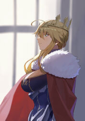 Rule 34 | 1girl, absurdres, ahoge, artoria pendragon (fate), artoria pendragon (lancer) (fate), blonde hair, blue leotard, blurry, braid, breasts, cape, closed mouth, commentary request, crown, depth of field, fate/grand order, fate (series), freedomexvss, french braid, fur-trimmed cape, fur trim, green eyes, hair between eyes, highres, indoors, large breasts, leotard, looking to the side, lying, on side, profile, red cape, sidelocks, solo, upper body