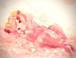 Rule 34 | 1girl, bare shoulders, boots, cherry blossoms, cherry hair ornament, coco (hinatacoco), detached sleeves, flower, flower in eye, food-themed hair ornament, hair ornament, hatsune miku, highres, holding, holding hair, long hair, looking at viewer, lying, miniskirt, on side, petals, pink eyes, pink hair, pink skirt, pink sleeves, pink theme, pink thighhighs, pleated skirt, sakura miku, shirt, shoulder tattoo, skirt, sleeveless, sleeveless shirt, smile, solo, symbol in eye, tattoo, thigh boots, thighhighs, twintails, very long hair, vignetting, vocaloid, zettai ryouiki