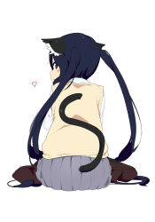 Rule 34 | 1girl, animal ears, brown eyes, cat ears, cat tail, heart, k-on!, kemonomimi mode, long hair, looking at viewer, looking back, nakano azusa, ogipote, purple hair, school uniform, shirt, simple background, sitting, skirt, solo, tail, twintails, very long hair, vest, wariza, white background