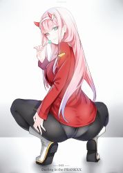 Rule 34 | 10s, 1girl, aqua eyes, artist request, ass, black pantyhose, boots, breasts, candy, darling in the franxx, dated, deep skin, food, from behind, full body, grin, hairband, half-closed eyes, hand on ass, highres, horns, lollipop, long hair, looking at viewer, looking back, military, military uniform, panties, panties under pantyhose, pantyhose, pink hair, sideboob, smile, solo, squatting, underwear, uniform, very long hair, zero two (darling in the franxx)