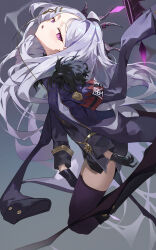 Rule 34 | 1girl, absurdres, ahoge, arched back, armband, black gloves, black halo, black horns, black shirt, black skirt, black thighhighs, blue archive, commentary, floating, floating hair, fur-trimmed jacket, fur trim, gloves, grey background, grey hair, hair ornament, halo, highres, hina (blue archive), horns, jacket, jacket on shoulders, long hair, long sleeves, looking at viewer, multiple horns, open mouth, parted bangs, purple eyes, purple trim, red armband, sb lama, shirt, simple background, skirt, solo, thighhighs, very long hair, white hair