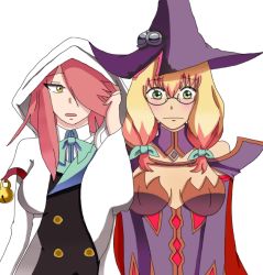 Rule 34 | 2girls, arc system works, artist request, blazblue, blazblue: central fiction, blonde hair, blush, breasts, cosplay, costume switch, dress, embarrassed, glasses, gradient hair, green eyes, hair over one eye, hair ribbon, hat, konoe a. mercury, konoe a mercury (cosplay), long hair, looking at viewer, multicolored hair, multiple girls, open mouth, orange eyes, parted lips, pink hair, ribbon, simple background, trinity glassfield, trinity glassfield (cosplay), upper body, witch, witch hat