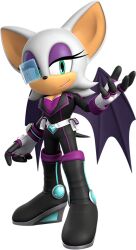 Rule 34 | 1girl, 3d, alternate costume, bat wings, boots, breasts, cleavage, eyeshadow, female focus, full body, furry, furry female, gloves, green eyes, looking at viewer, makeup, medium breasts, official art, rouge the bat, scouter, solo, sonic (series), tail, white hair, wings
