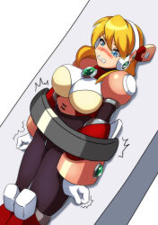Rule 34 | 1girl, alia (mega man), android, armor, artist request, bdsm, blonde hair, blue eyes, blush, bondage, bound, breasts, capcom, closed mouth, highres, large breasts, mega man (series), mega man x (series), navel, pain, robot ears, solo, squeezing, table, teeth