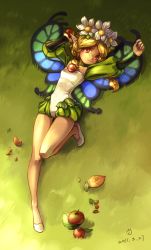 Rule 34 | 1girl, 2011, apple, bare legs, blonde hair, braid, butterfly wings, female focus, flower, food, fruit, full body, grass, hair flower, hair ornament, insect wings, kame4282, legs, lying, mercedes (odin sphere), nature, odin sphere, on back, orange eyes, outdoors, plant, puff and slash sleeves, puffy shorts, puffy sleeves, shorts, solo, twin braids, wings