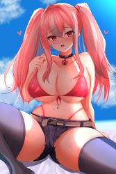 Rule 34 | 1girl, absurdres, arm support, azur lane, balut (7676i), bare shoulders, belt, bikini, bikini under clothes, black choker, black shorts, blue sky, blue thighhighs, blush, breasts, bremerton (azur lane), choker, cleavage, cloud, collarbone, commentary request, cowboy shot, cutoffs, day, grey belt, grey hair, grey thighhighs, hair between eyes, hair intakes, heart, highres, large breasts, lifebuoy, long hair, looking at viewer, midriff, multicolored hair, navel, navel piercing, no jacket, no shirt, nose blush, open mouth, piercing, pink bikini, pink eyes, pink hair, shadow, short shorts, shorts, sidelocks, sitting, skindentation, sky, solo, spread legs, streaked hair, sunlight, sweat, swim ring, swimsuit, thighhighs, twintails, two-tone hair, two-tone legwear