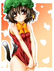 Rule 34 | 1girl, animal ears, bottomless, brown eyes, cat ears, cat girl, cat tail, chen, earrings, female focus, gradient background, haruyonoto, hat, jewelry, multiple tails, short hair, solo, tail, touhou