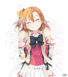 Rule 34 | 10s, 1girl, ^ ^, bad id, bad pixiv id, bow, clenched hands, clenched teeth, closed eyes, closed eyes, flower, hair flower, hair ornament, hairclip, kosaka honoka, love live!, love live! school idol festival, love live! school idol project, orange hair, short hair, side ponytail, solo, teeth, white background, yunamul