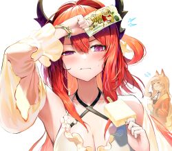 &gt;_&lt; 2girls animal_ears arknights arm_up breasts burnt_clothes ceobe_(arknights) ceobe_(summer_flowers)_(arknights) chain chain_bracelet cleavage closed_mouth commentary_request criss-cross_halter demon_girl demon_horns detached_sleeves dog_ears dog_girl food gari_gari-kun half-closed_eye halterneck hand_on_own_head highres holding holding_food holding_popsicle horns long_hair looking_at_viewer multiple_girls official_alternate_costume orange_hair orange_shirt pi_(p77777778) popsicle purple_eyes red_eyes red_hair shirt simple_background starfish_hair_ornament surtr_(arknights) surtr_(colorful_wonderland)_(arknights) sweatdrop white_background