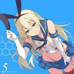 Rule 34 | 1girl, anniversary, black hairband, blonde hair, blue background, blue skirt, brown eyes, closed mouth, commentary request, elbow gloves, gloves, hairband, kantai collection, long hair, looking at viewer, maruto!, red thighhighs, shimakaze (kancolle), skirt, smile, solo, thighhighs, white gloves
