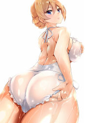 Rule 34 | 10s, 1girl, adjusting clothes, adjusting swimsuit, alternate costume, amasora taichi, ass, back, bare arms, bare shoulders, blonde hair, blue eyes, blush, braid, breasts, butt crack, cameltoe, closed mouth, clothes pull, commentary request, curvy, darjeeling (girls und panzer), deep skin, fat mons, girls und panzer, hair between eyes, halterneck, hand on own chest, highres, hip focus, huge ass, large breasts, light smile, lips, looking at viewer, looking back, one-piece swimsuit, one-piece swimsuit pull, pink lips, shiny clothes, shiny skin, short hair, simple background, solo, swimsuit, thick thighs, thighs, twin braids, wet, wet clothes, white background, white one-piece swimsuit, wide hips