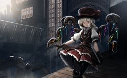 Rule 34 | 1girl, belt, black gloves, blonde hair, blouse, building, closed mouth, day, dress, flandre scarlet, fog, gears, gloves, hat, highres, md5 mismatch, mecha, outdoors, pantyhose, puffy short sleeves, puffy sleeves, red eyes, red skirt, robot, ryosios, shirt, short hair, short sleeves, skirt, smile, solo, steam, steampunk, top hat, touhou, vest, victorian, white shirt, wings
