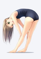 Rule 34 | 1girl, :d, ass, bare arms, bare legs, bare shoulders, barefoot, blue one-piece swimsuit, blush, brown hair, commentary request, fang, full body, green eyes, grey background, hands on own legs, highres, leaning forward, long hair, looking at viewer, old school swimsuit, one-piece swimsuit, open mouth, original, school swimsuit, shadow, shibacha, smile, solo, standing, swimsuit