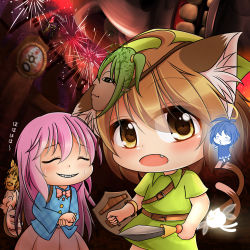 Rule 34 | 2girls, animal ears, bow, chen, child, clownpiece, cosplay, deformed, eyebrows, fairy, fairy wings, fang, fireworks, hata no kokoro, holding, kurumai, link, link (cosplay), long hair, looking at viewer, mask, multiple girls, multiple tails, nintendo, open mouth, shield, short hair, sweat, sword, tail, the legend of zelda, the legend of zelda: majora&#039;s mask, touhou, weapon, wings