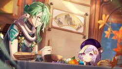 1boy 1girl absurdres animal animal_around_neck baizhu_(genshin_impact) bead_necklace beads changsheng_(genshin_impact) coin_hair_ornament commentary_request eyewear_strap flower genshin_impact green_hair hair_ornament hat highres horsetail_(plant) jewelry jiangshi kino_(m6t2a) long_hair looking_at_another looking_at_viewer looking_down lotus_root mist_flower necklace official_art ofuda ofuda_on_head pink_eyes purple_hair qingdai_guanmao qingxin_flower qiqi_(genshin_impact) smile snake talisman violetgrass vision_(genshin_impact) white_snake yellow_eyes